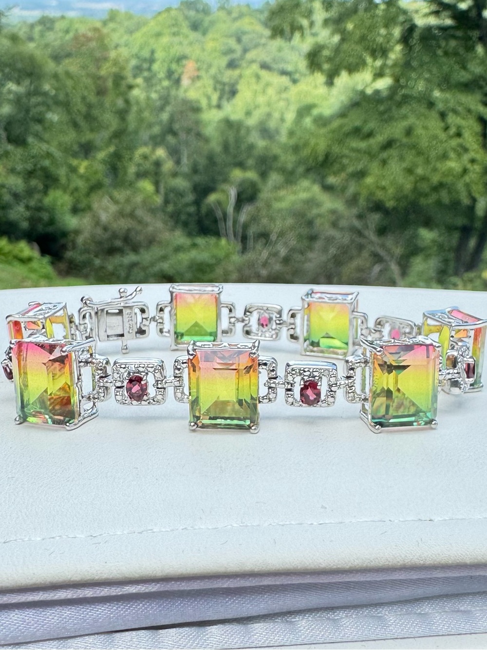 925 Watermelon Tourmaline Link Bracelet | Emerald Cut